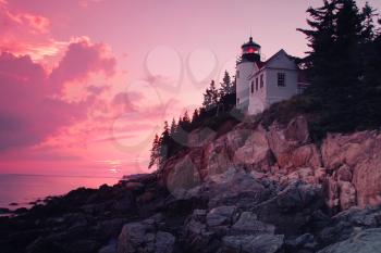 Sunset on bass Harbor lighthouse in Acadia national park, on mount desert island, Maine