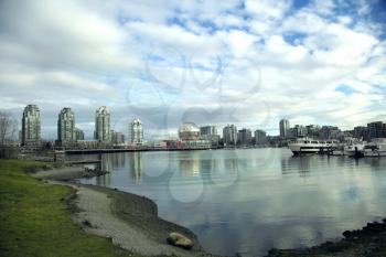 Beautiful view of Vancouver, Canada with the marina, the science museum and towers.