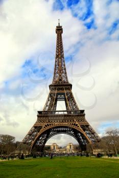 Eiffel tower in Paris, France with a blue sky