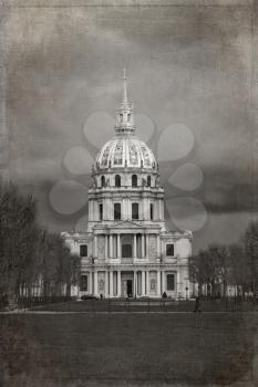 Les Invalides building in black and white with texture