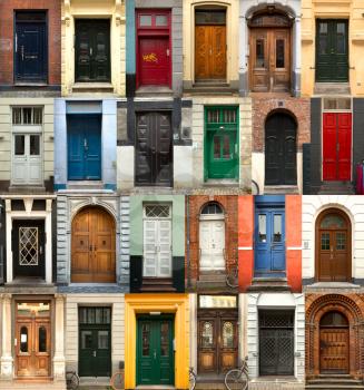 A collage of 24 danish doors of different colors 
