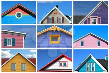 Collage showing a variety of rooftop from colourful houses in magdalen island in Canada