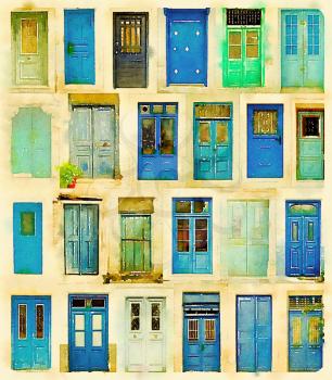 Digital watercolour of blue doors from Greece