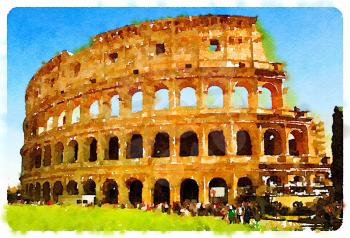 Digital watercolour of Colosseum in Rome with thousands of tourists each year visiting in Rome, Italy,