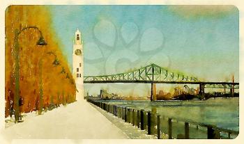 Digital watercolour of Clock tower and Jacques Cartier bridge during winter in the old port, Montreal, Canada