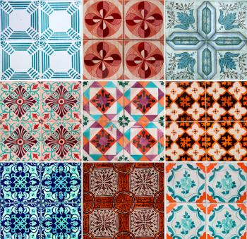 Photograph of traditional portuguese tiles in orange, turquoise and brown