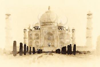 Digital watercolour of Taj Mahal in Agra, India