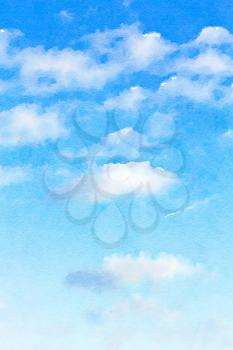 Digital watercolour of white fluffy clouds on blue sky