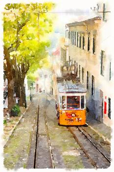 Digital watercolour of a tramway in Lisbon, Portugal