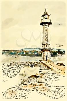 Digital watercolour of Les Paquis Lighthouse in Geneve, Switzerland