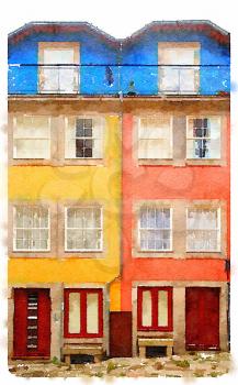 Digital watercolour of two colourful houses in Portugal