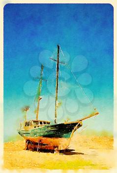 Digital watercolour of old abandoned ship in a blue sky