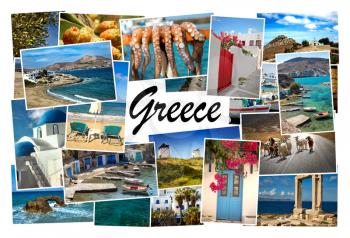 Collage of images from famous location in the cyclades, Greece with the word Greece on white in the middle 