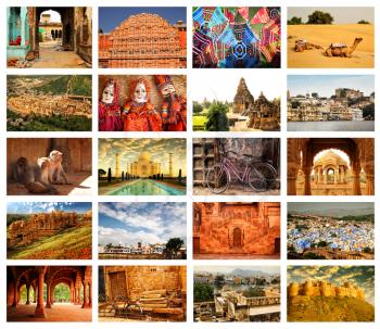 Collage of 20 images from famous location in Rajasthan, India