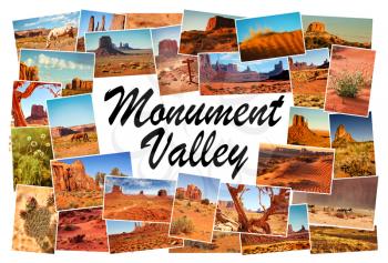 Collage of images from famous location in Monument Valley, Arizona, USA with word Monument Valley in the middle on white background
