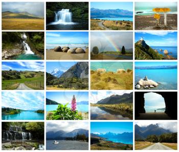 Collage from fabulous location in New Zealand on white background