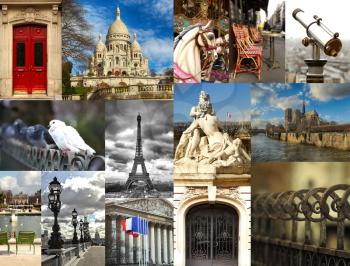 Collage of different monuments and places in Paris in France