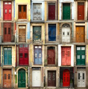 A collage of 24 coloured portuguese doors 
