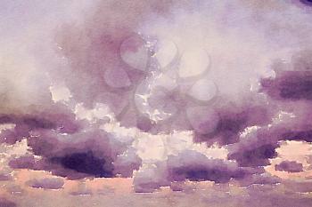Digital watercolour of white fluffy clouds on purple sky