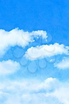 Digital watercolour of white fluffy clouds on blue sky.  