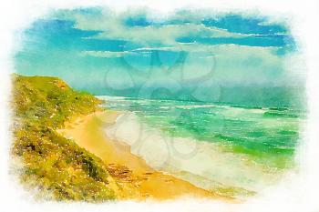 Digital watercolour of beautiful waves on Glenaire beach in Australia