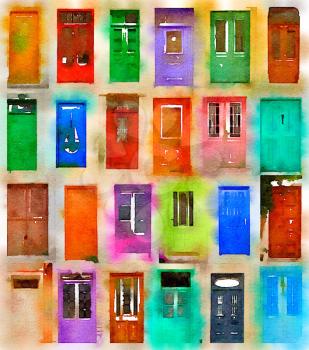 Digital watercolour of 24 colourful doors 