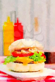 Digital watercolor of a cheeseburger with ketchup and yellow mustard in the background