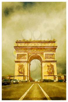 Digital watercolour of Triumphal arch in Paris, France