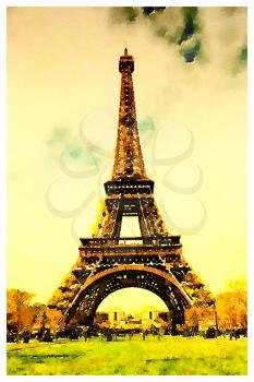 Digital watercolour of Eiffel tower in Paris, France