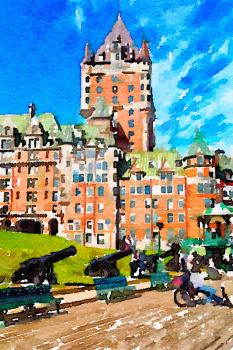 Digital watercolour of Chateau Frontenac in Quebec, Canada