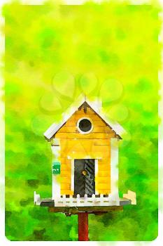 Digital watercolour of yellow birdhouse in a green background