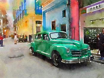 Digital watercolor of green classic american old car in Havana in Cuba