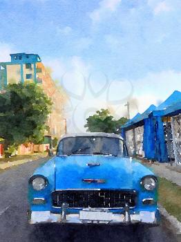 Digital watercolor of blue classic american old car in Havana in Cuba