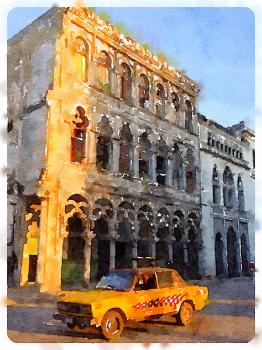 Digital watercolor of yellow car in front of a neoclassical building in background