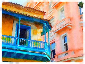Digital watercolor of colourful building in Havana in Cuba