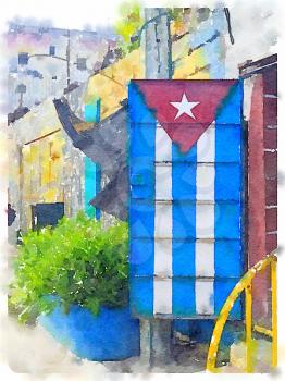 Digital watercolor of Cuban flag painted on a metal door in Havana in Cuba