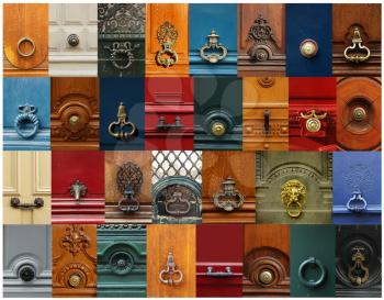 Collage of a variety of knockers and handles on doors in Paris, France.