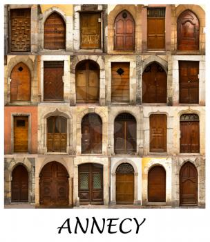 A collage of 24 wooden doors presented in a white border with the city name Annecy in France.