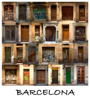 A collage of 24 wooden doors presented in a white border with the city name Barcelona.