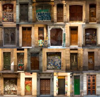 A collage of 24 wooden doors from Barcelona 