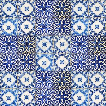Set of different blue patterns tiles in Lisbon, Portugal