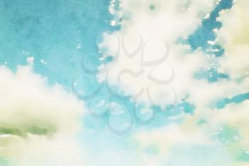 Digital watercolour of white fluffy clouds on blue sky