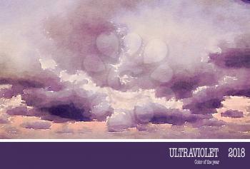 Digital watercolour of white fluffy clouds on purple sky. Color of the year 2018 ultra violet. 