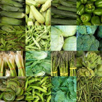 Collage of green vegetables like asparagus, lettuce, cucumber and peppers