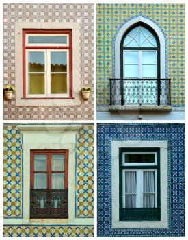Collage of 4 different kind of windows surround by tiles in Portugal