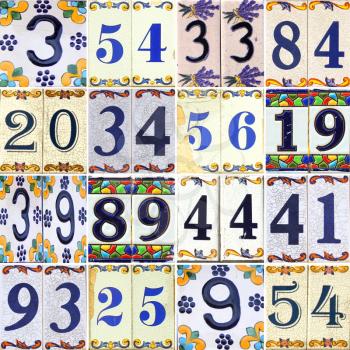 Collection of flowered blue and yellow different numbers on tiles