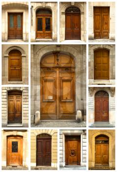 A collage of ancient colorful wooden doors from Geneva in Switzerland