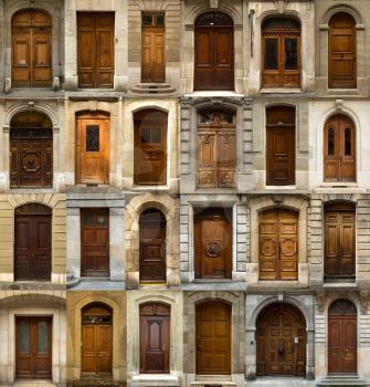A collage of 24 Swiss wooden doors 