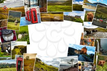 Collage of images from famous location in Scotland, UK with copy space in the middle 