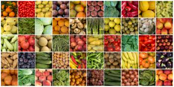 Collage of vegetables and fruits like asparagus, lettuces, tomatoes and apples